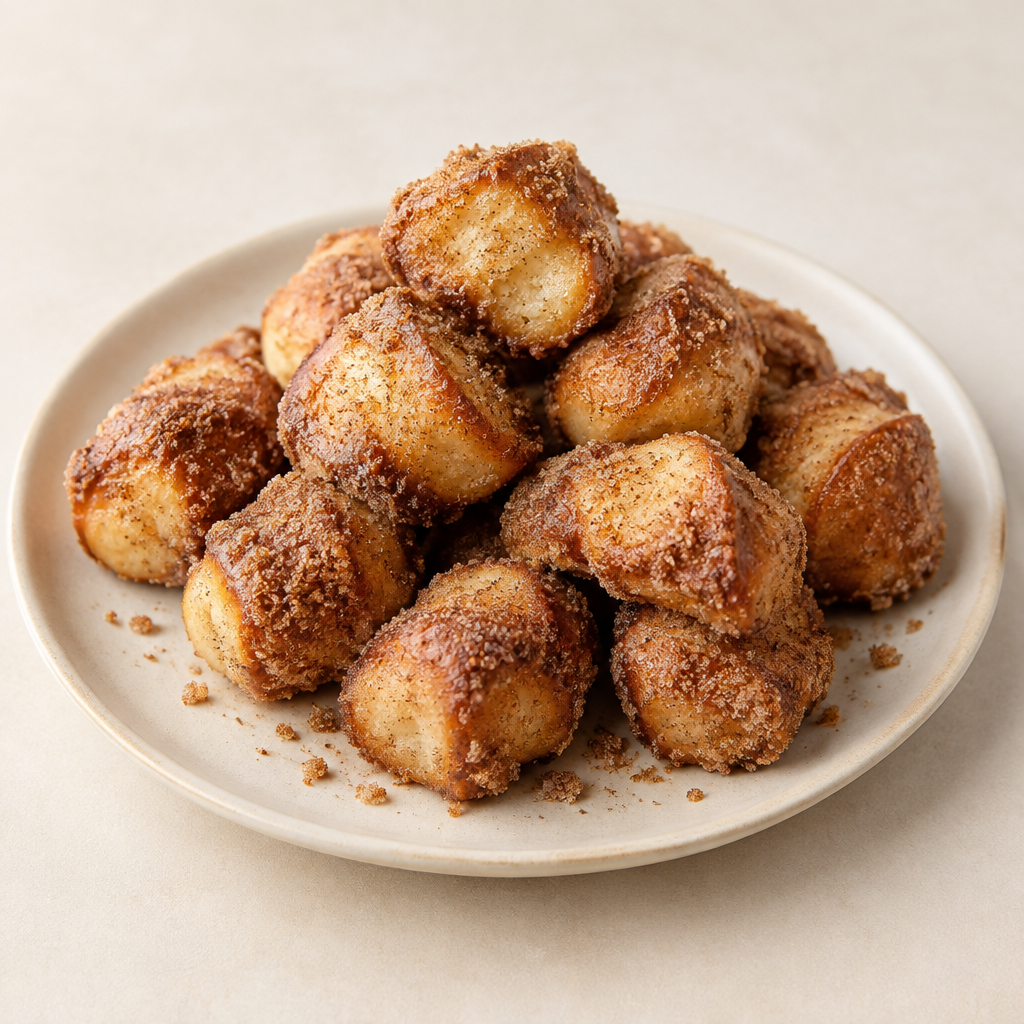 Golden-brown sourdough pretzel bites coated with cinnamon and brown sugar on a light ceramic plate