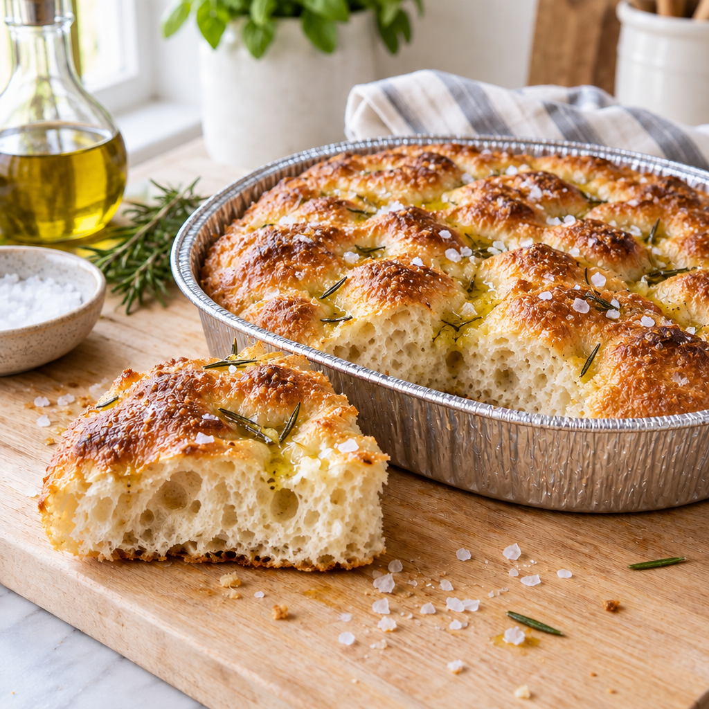 Sourdough focaccia with olive oil and flaky sea salt in a 10-inch round foil pan