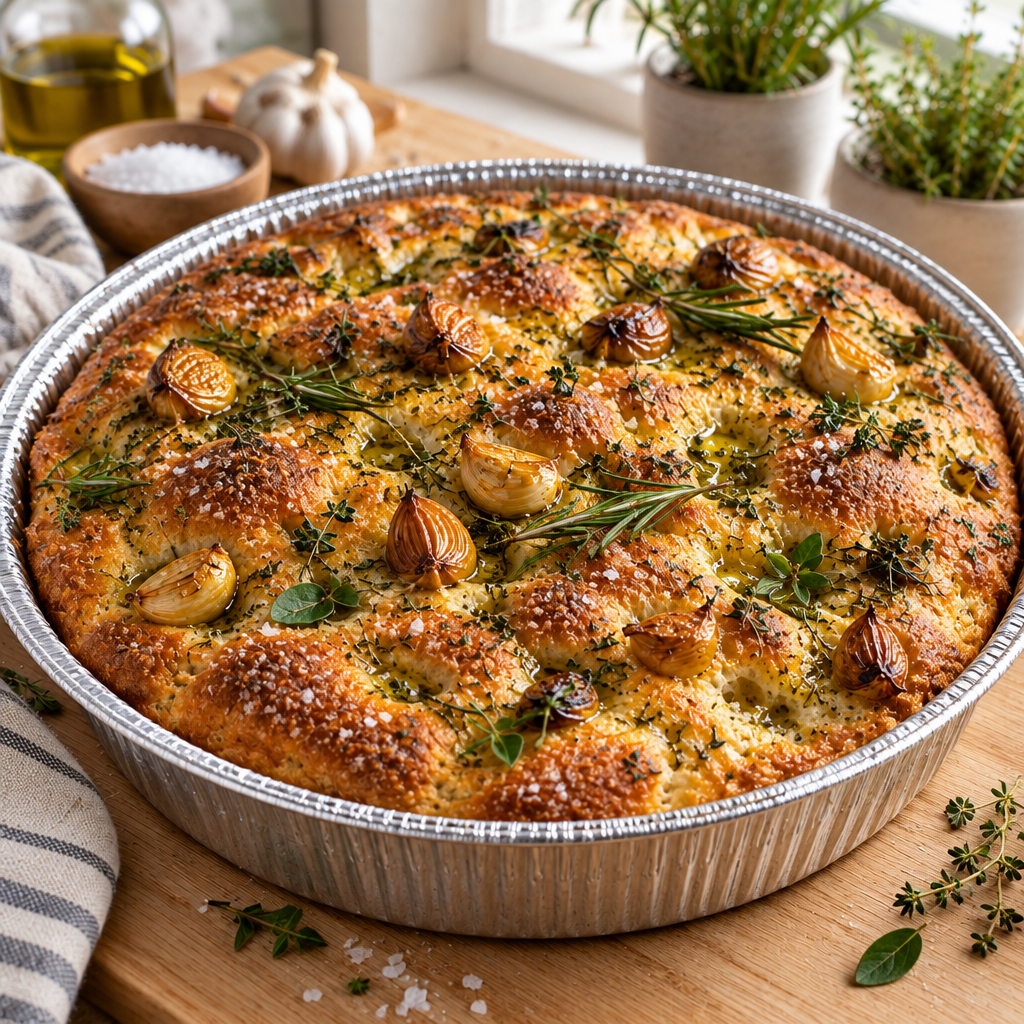 Roasted garlic and herb sourdough focaccia in a 10-inch round foil pan